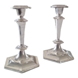Pair of Regency-style candle holders in silver metal with hexagonal foot