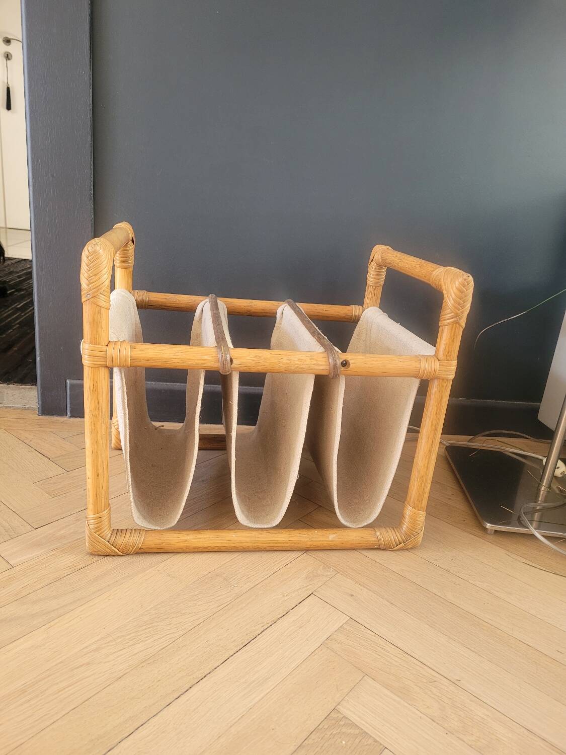 Vintage magazine rack made of bamboo, rattan and canvas