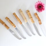 Service of 6 cheese knives, stainless blade and real rattan handle, vintage