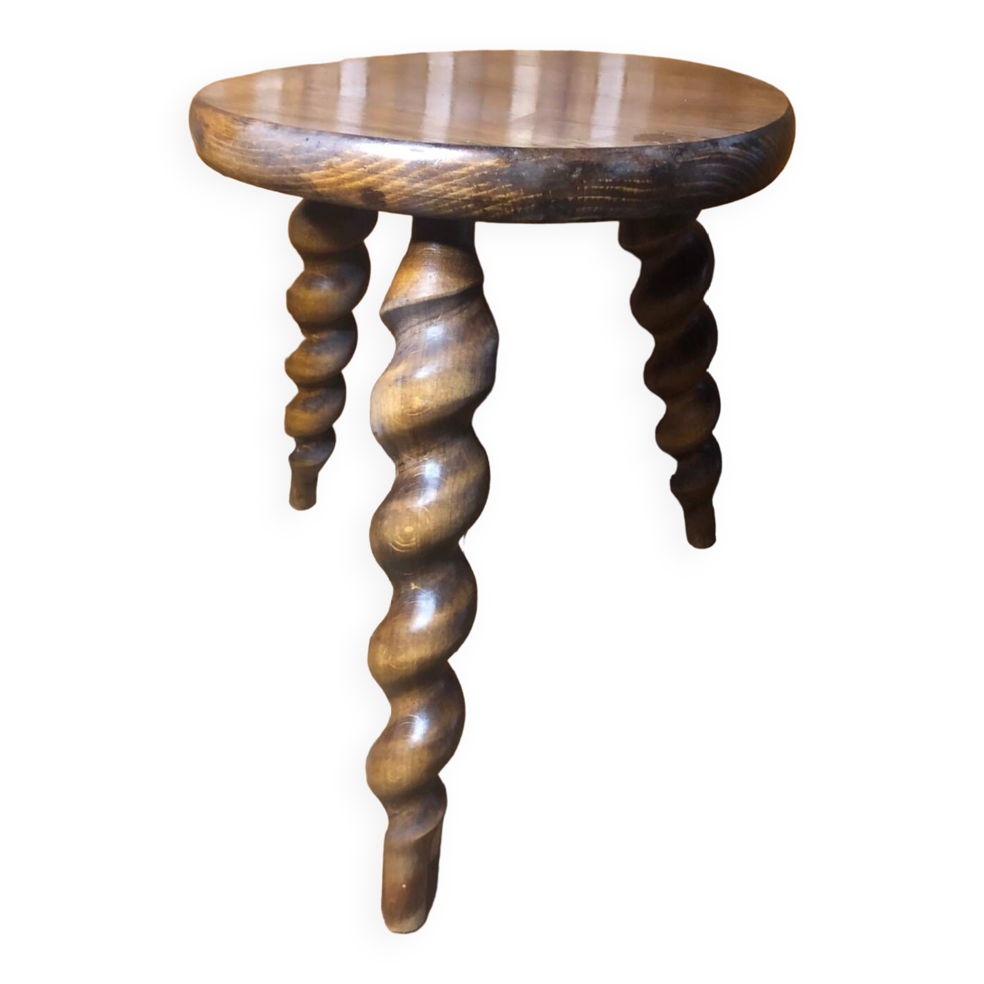 Charles Dudouyt style tripod milking stool vintage twisted wood #a583