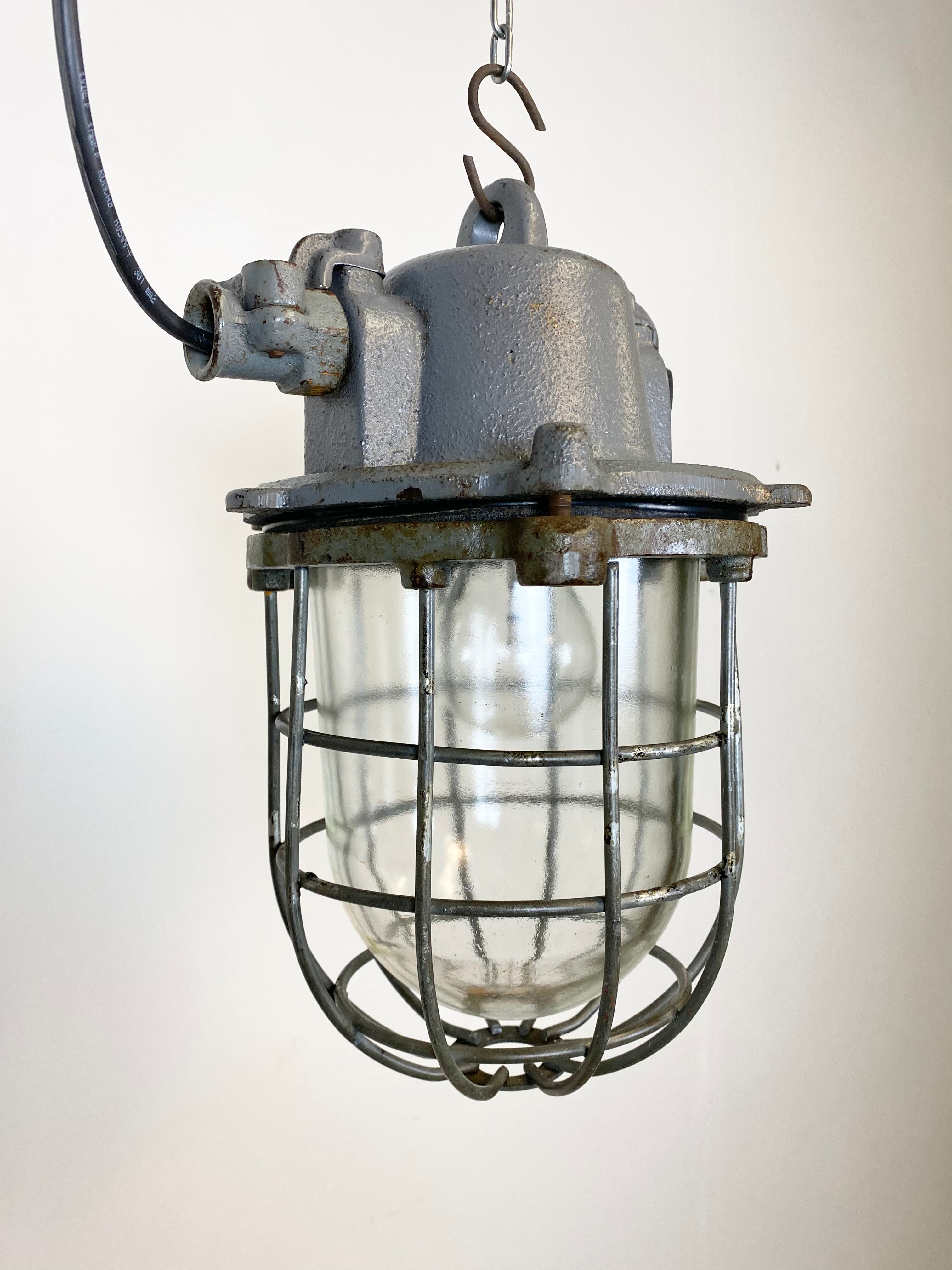 Grey Industrial Cast Iron Cage Pendant Light, 1960s