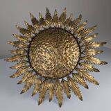 Golden Sunburst Ceiling or Wall Lamp with Leaf Rays, 1950s