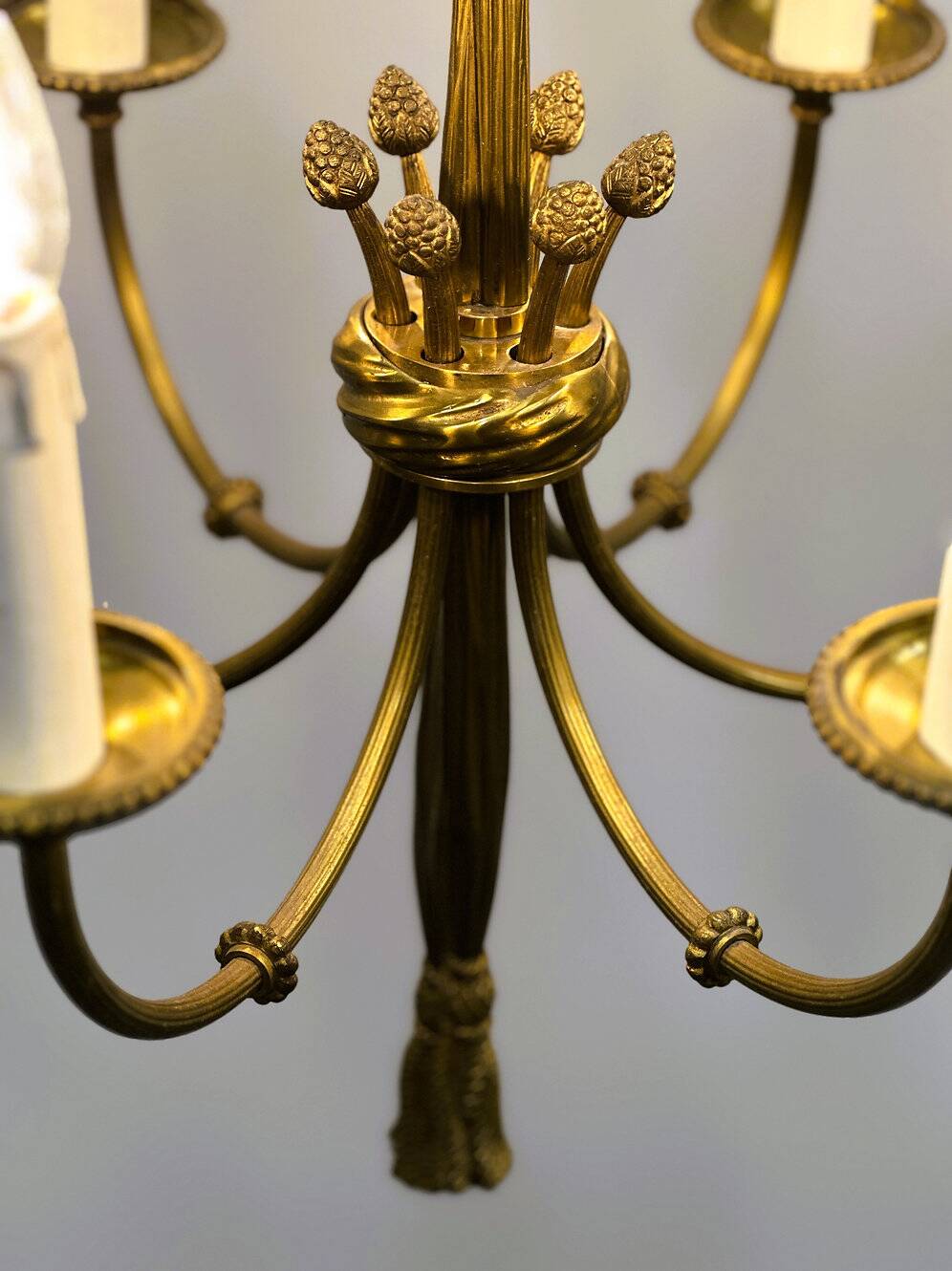 Vintage brass rope & tassel chandelier with 6 lights, France, 1950s
