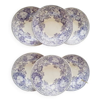 6 assiettes creuses en terre de fer violette, Sarreguemines U&C service "Géranium", 19ème siècle