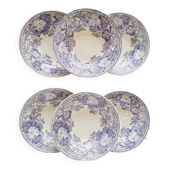 6 Deep Plates Terre de Fer Sarreguemines U&C Geranium Model 19th century, purple color