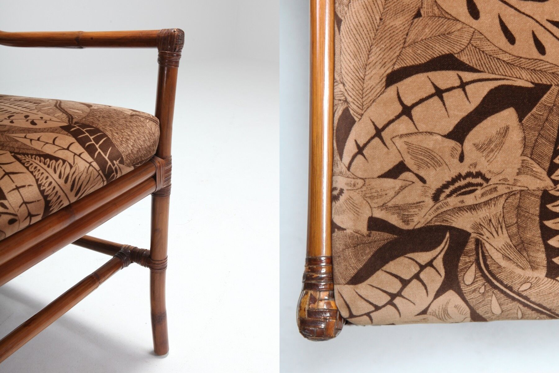 Set of bamboo lounge chairs with Italian 1960 floral cushions