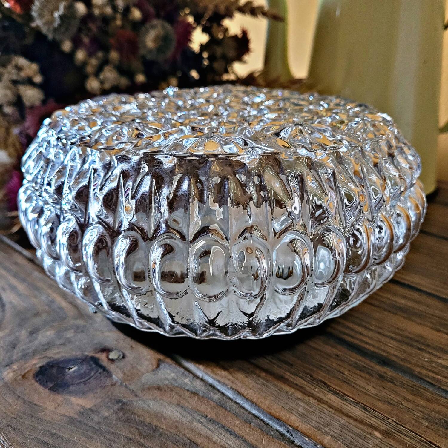 Vintage molded glass wall or ceiling light decorated with flowers