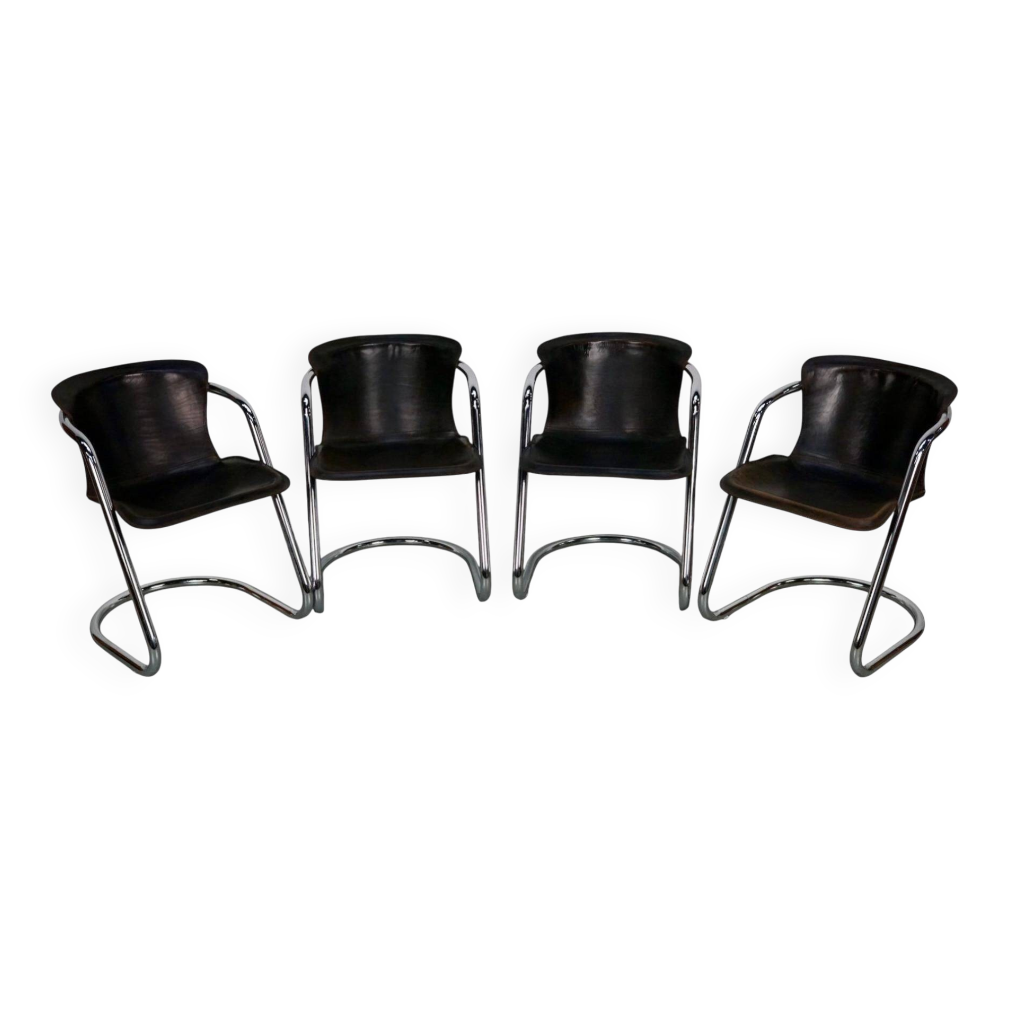 Set of four brown leather dining chairs, Willy Rizzo, 1970