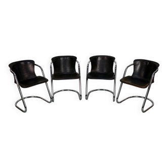 Set of four brown leather dining chairs, Willy Rizzo, 1970