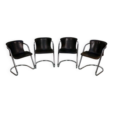 Set of four brown leather dining chairs, Willy Rizzo, 1970