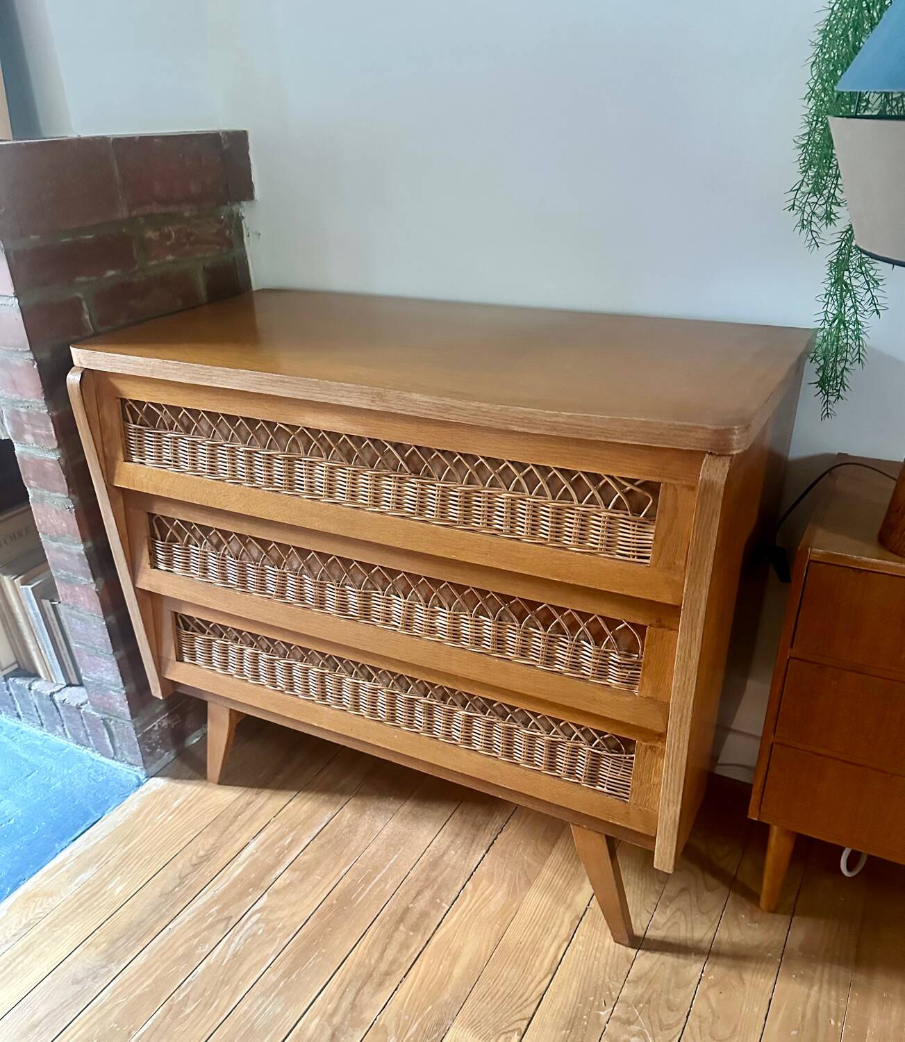 Vintage rattan and wood chest of drawers