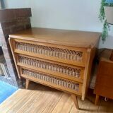 Vintage rattan and wood chest of drawers