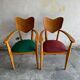Ensemble de 6 chaises en forme de cœur de René-Jean Caillette, en bois courbé avec revêtement vert et bordeaux