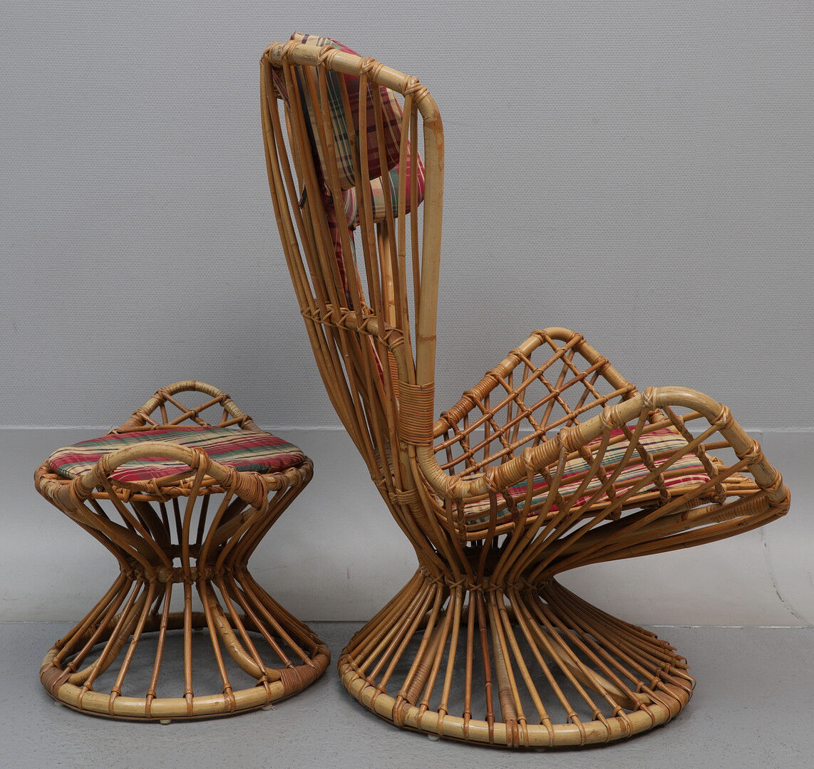 Armchair With bamboo stool covered with a cushion in suede fabrics from 1960s