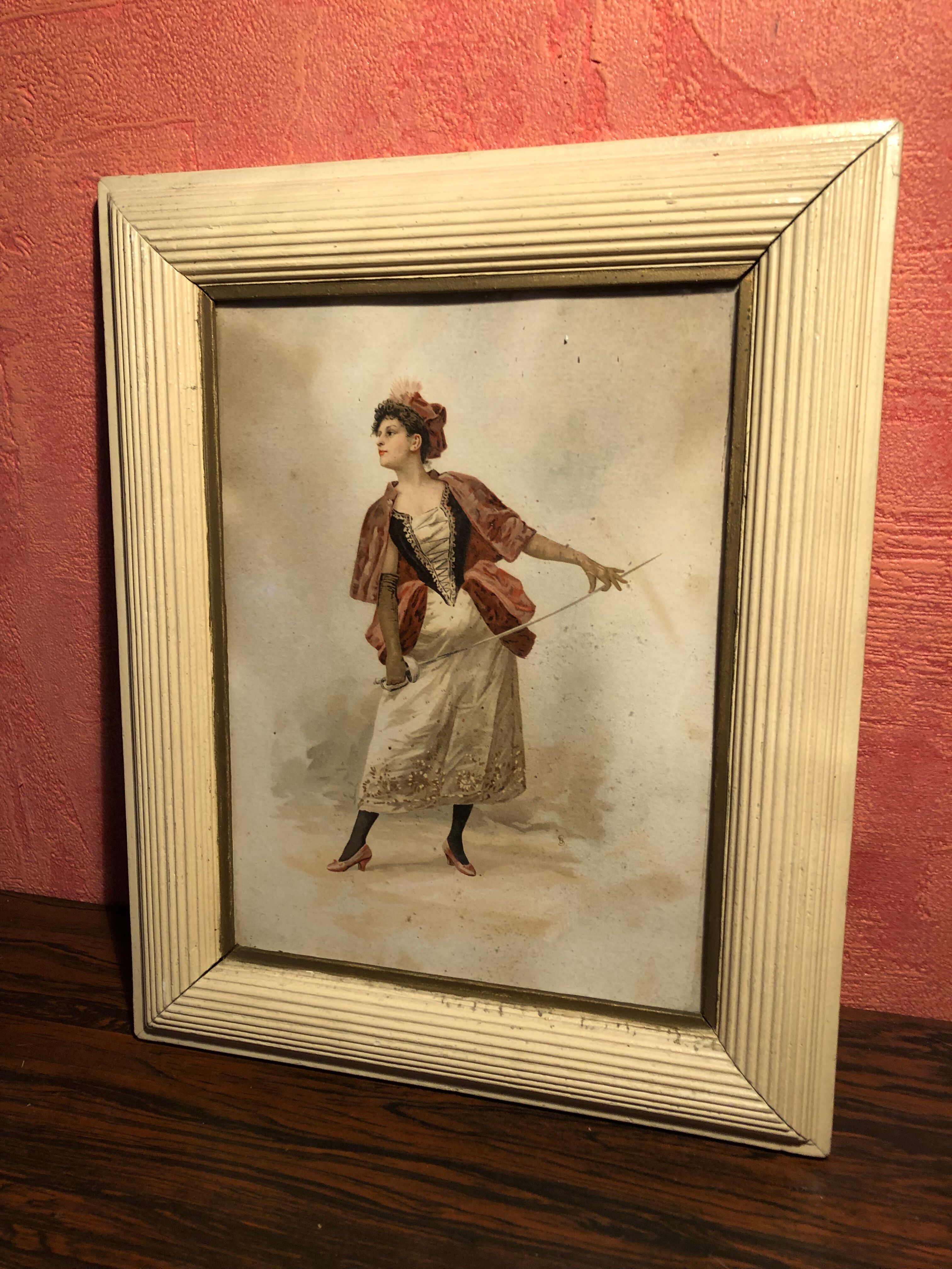 Pair Old Fashion Engraving Color + Frame Wood Vintage Cream