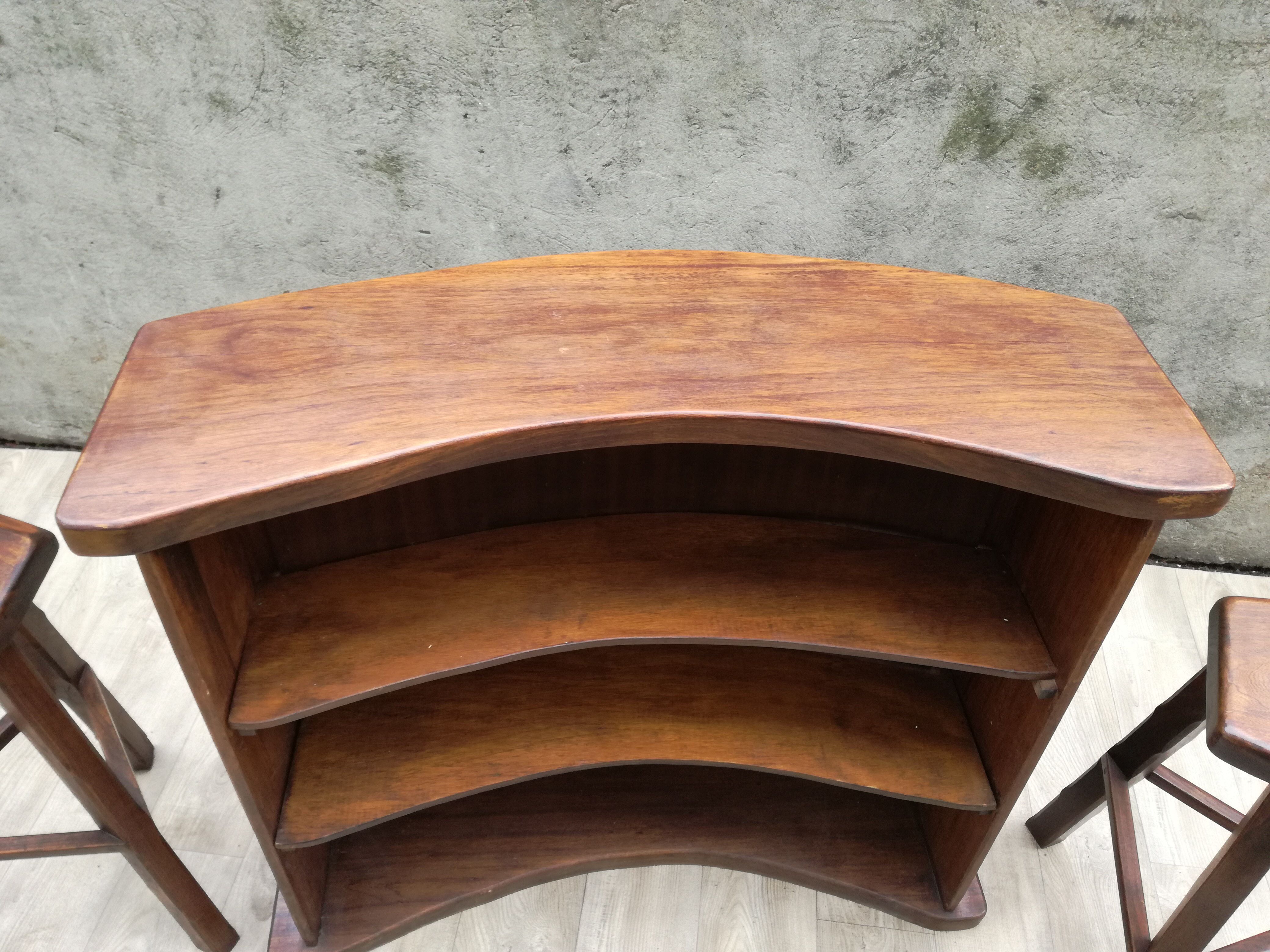 Bar and 2 brutalist stools in massive elm circa 1960