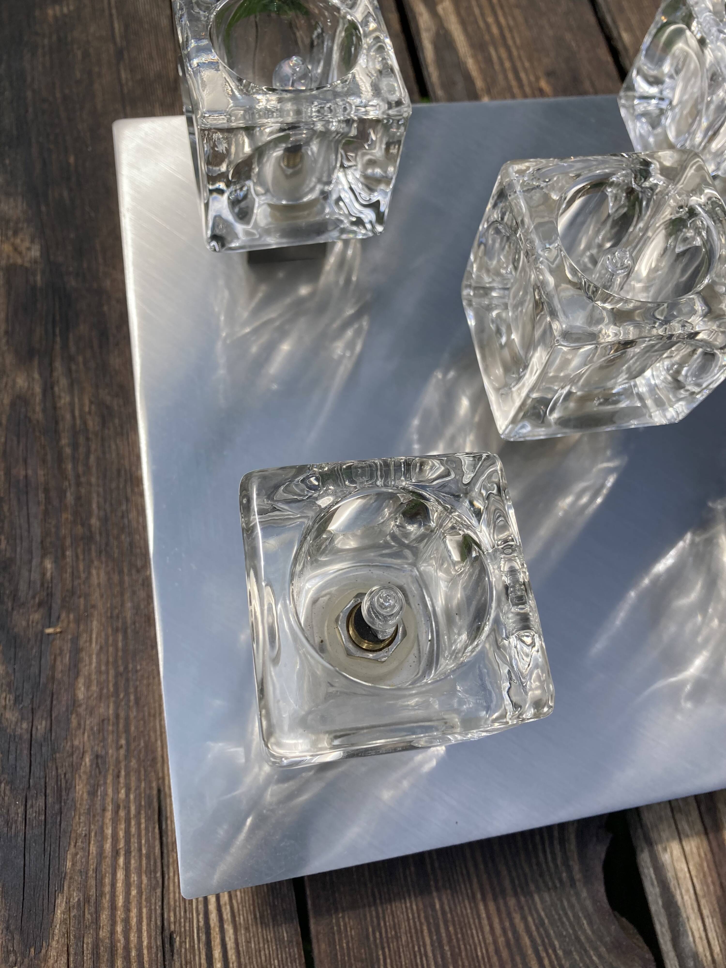 Brushed metal ceiling light and glass globes, 5 halogen candles