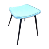 Vintage stool with tapered legs in sky blue faux leather.