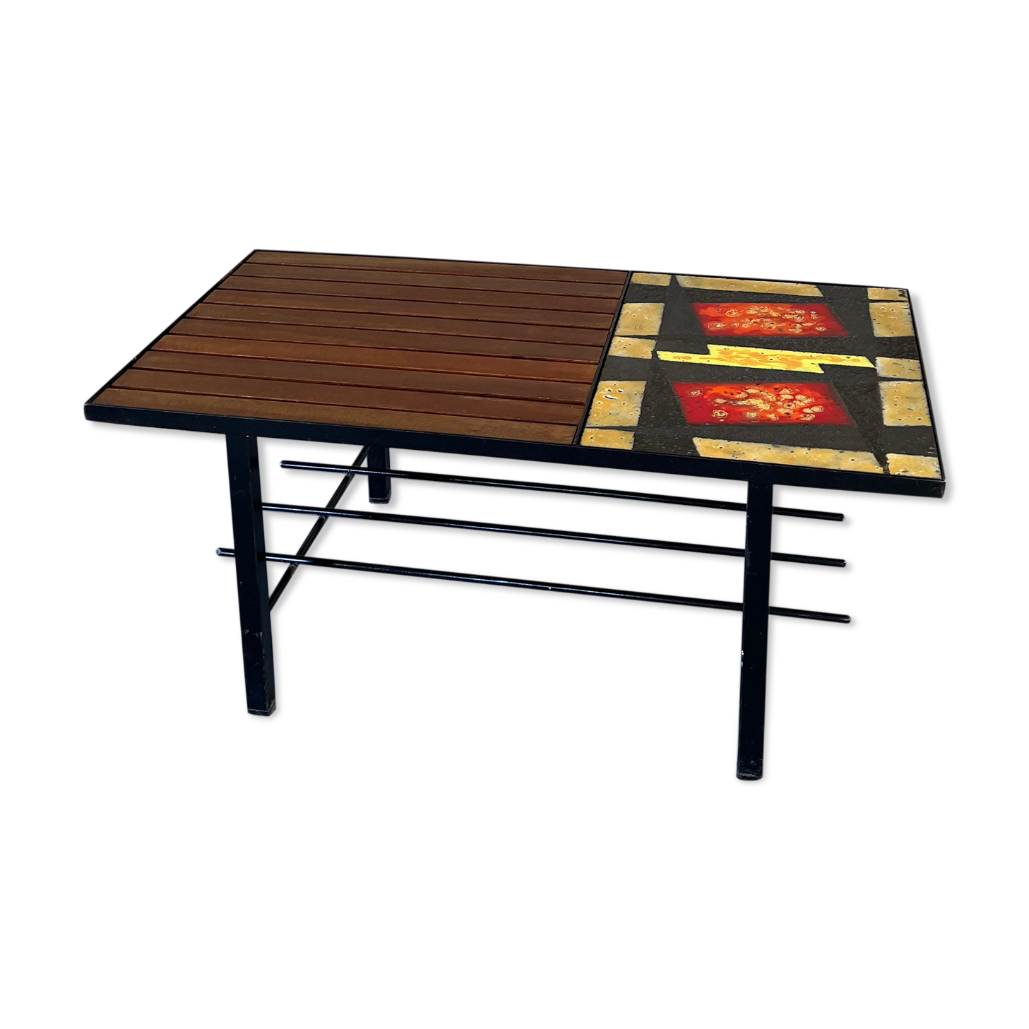Table basse mid-century, teck, acier et pierre de lave