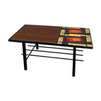 Mid-century coffee table, teak, steel and lava stone