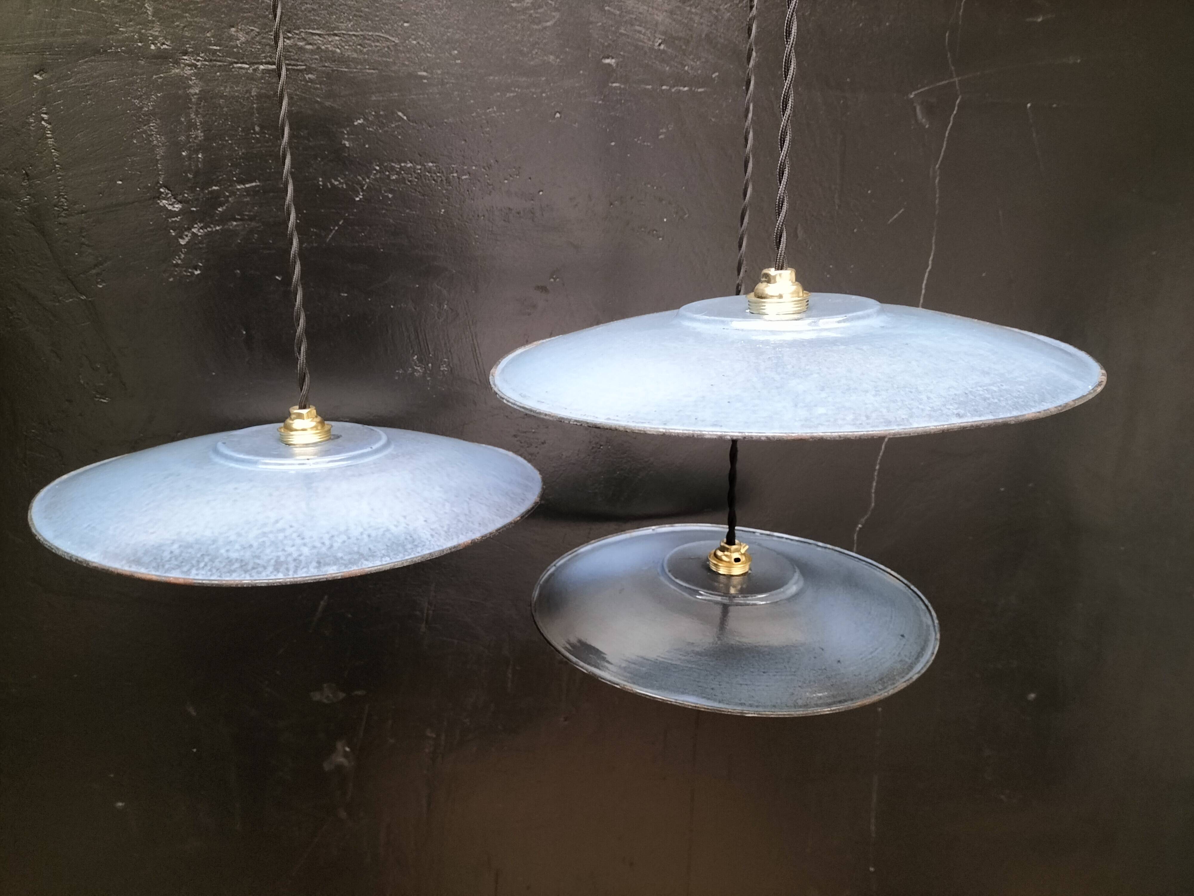 3 blue enameled sheet metal pendant lights