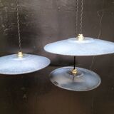 3 blue enameled sheet metal pendant lights
