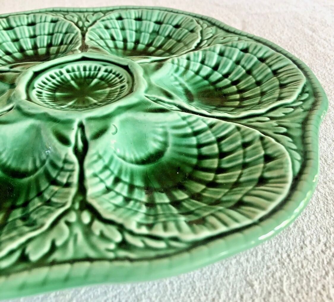 7 old oyster plates Sarreguemines green slurry