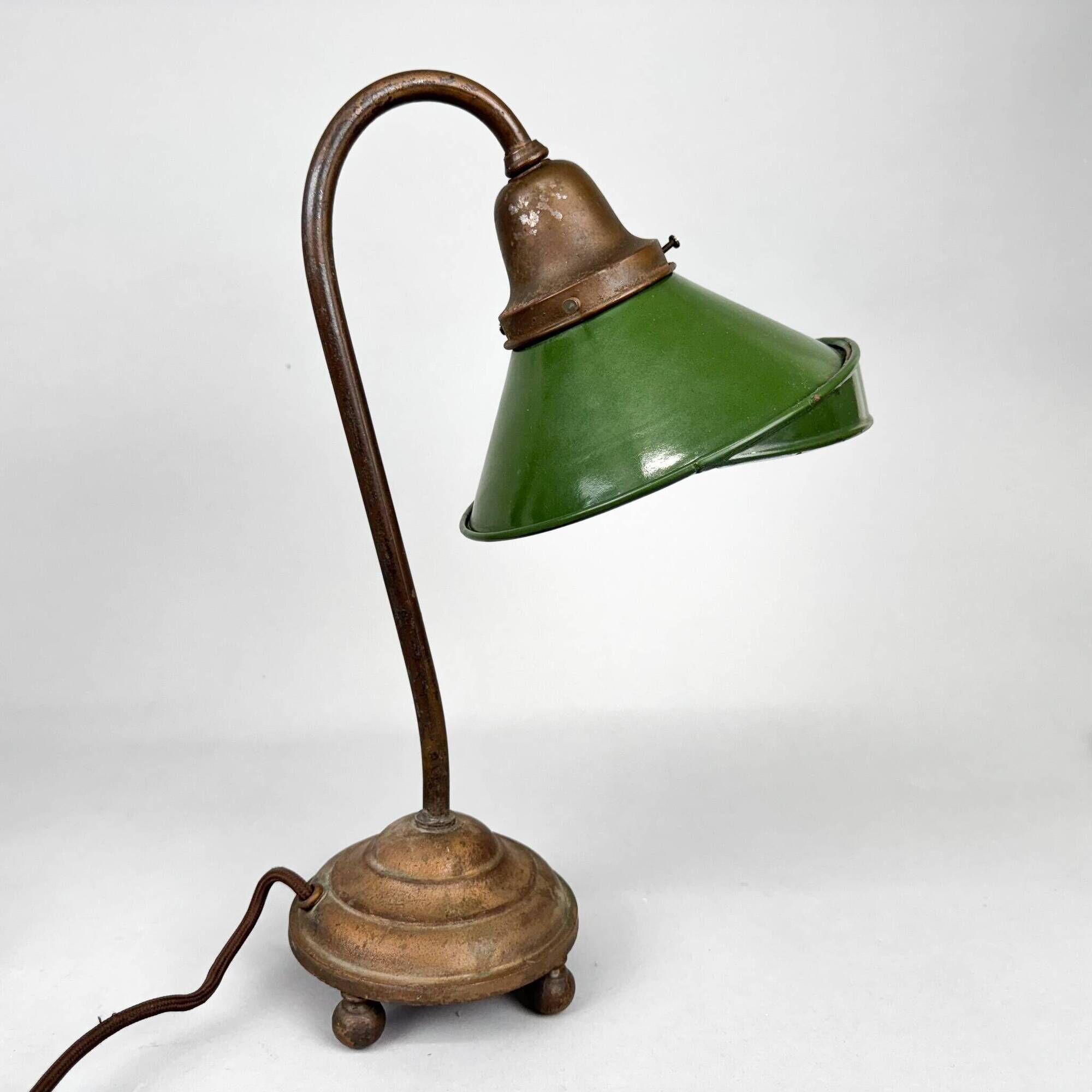 Pair of Unique 1920's Enamel & Cast Iron Desk Lamps, Czechoslovakia