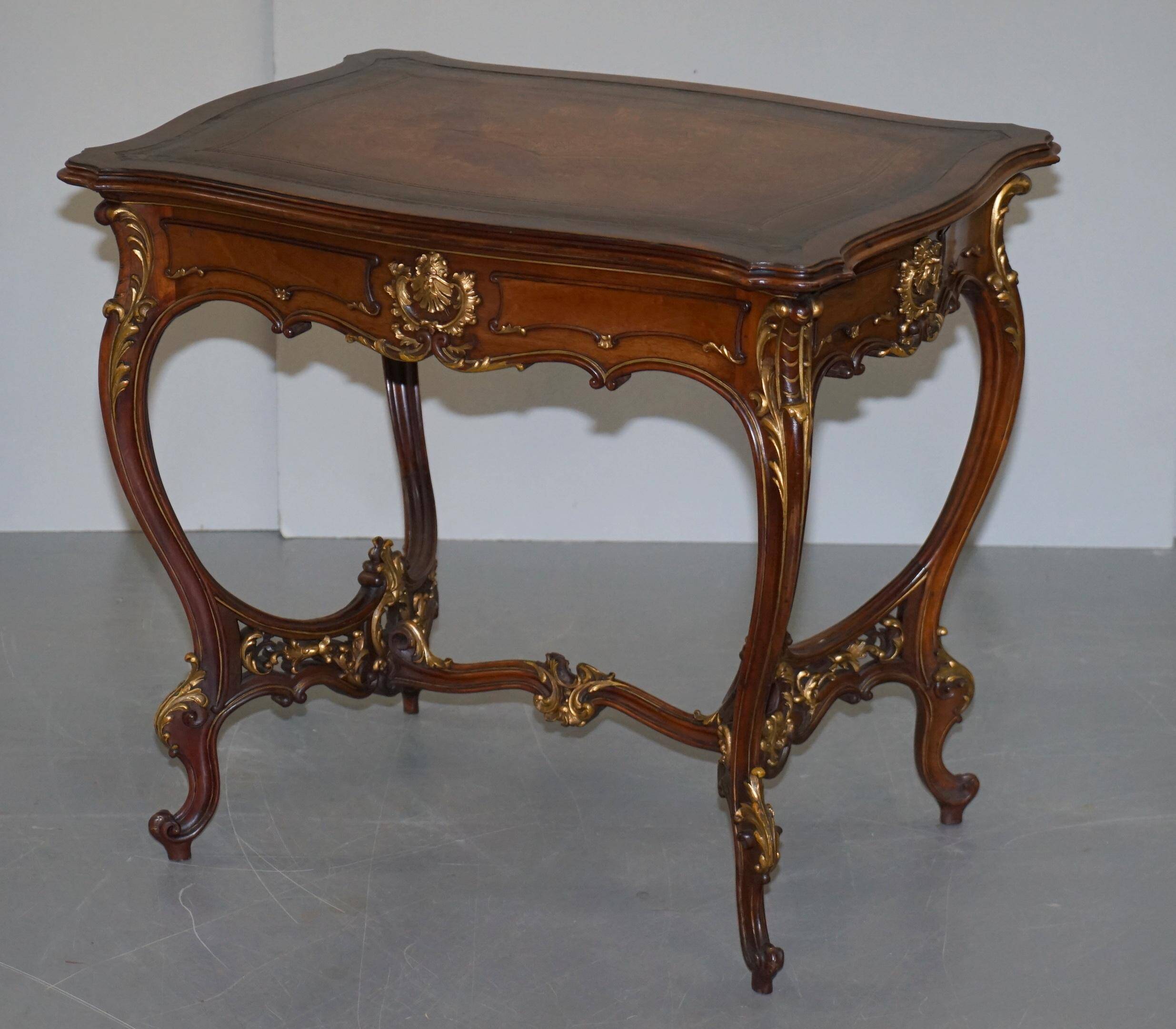 Pine desk with leather and gilding, late Victorian period around 1900.