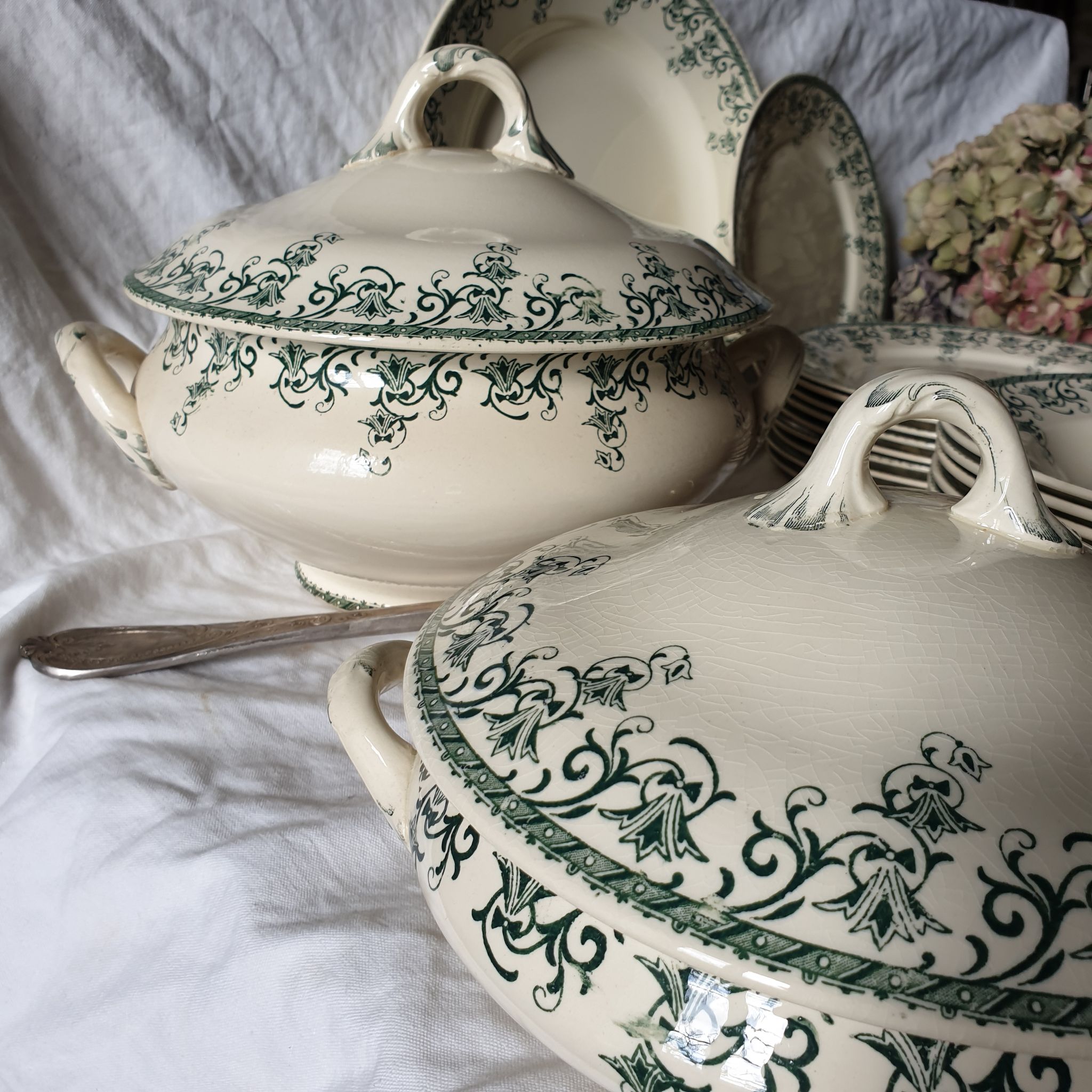 33 pc antique green white transferware dinner service c1900 U&C Sarreguemines France, 10 places