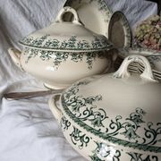 33 pc antique green white transferware dinner service c1900 U&C Sarreguemines France, 10 places