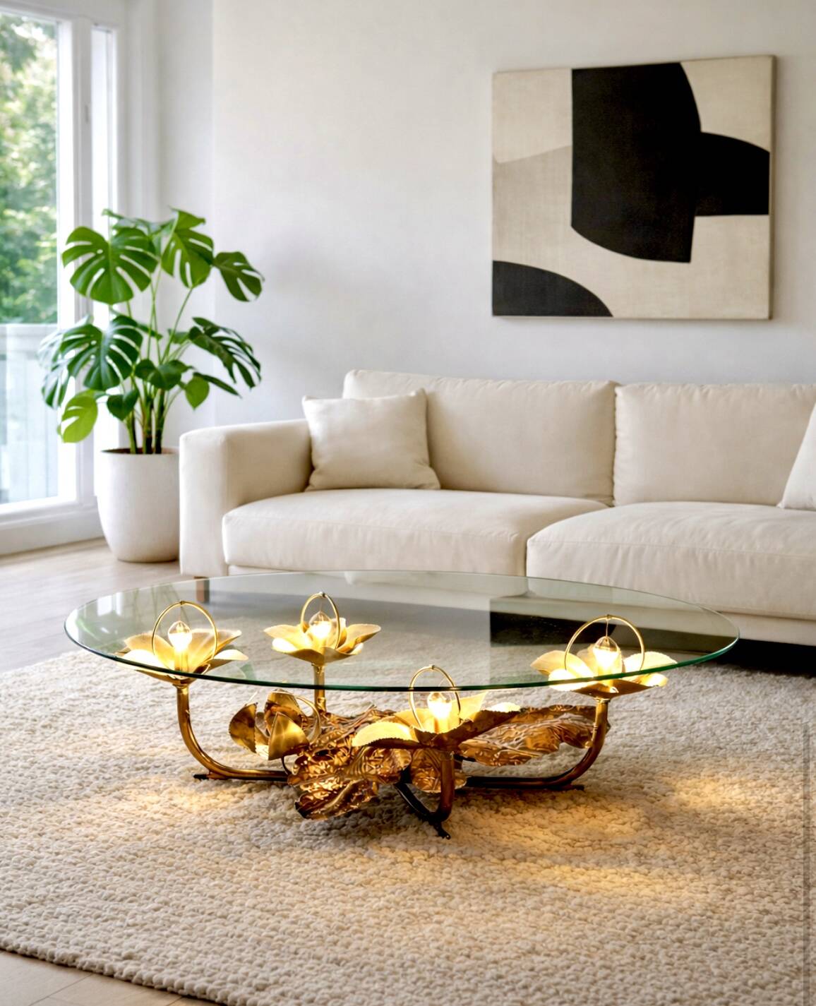 Sculptural coffee table with lighting by Henri Fernandez, France 70s