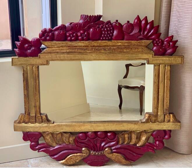 LARGE ITALIAN MIRROR in ART DECO style in gilded wood with fruit decoration