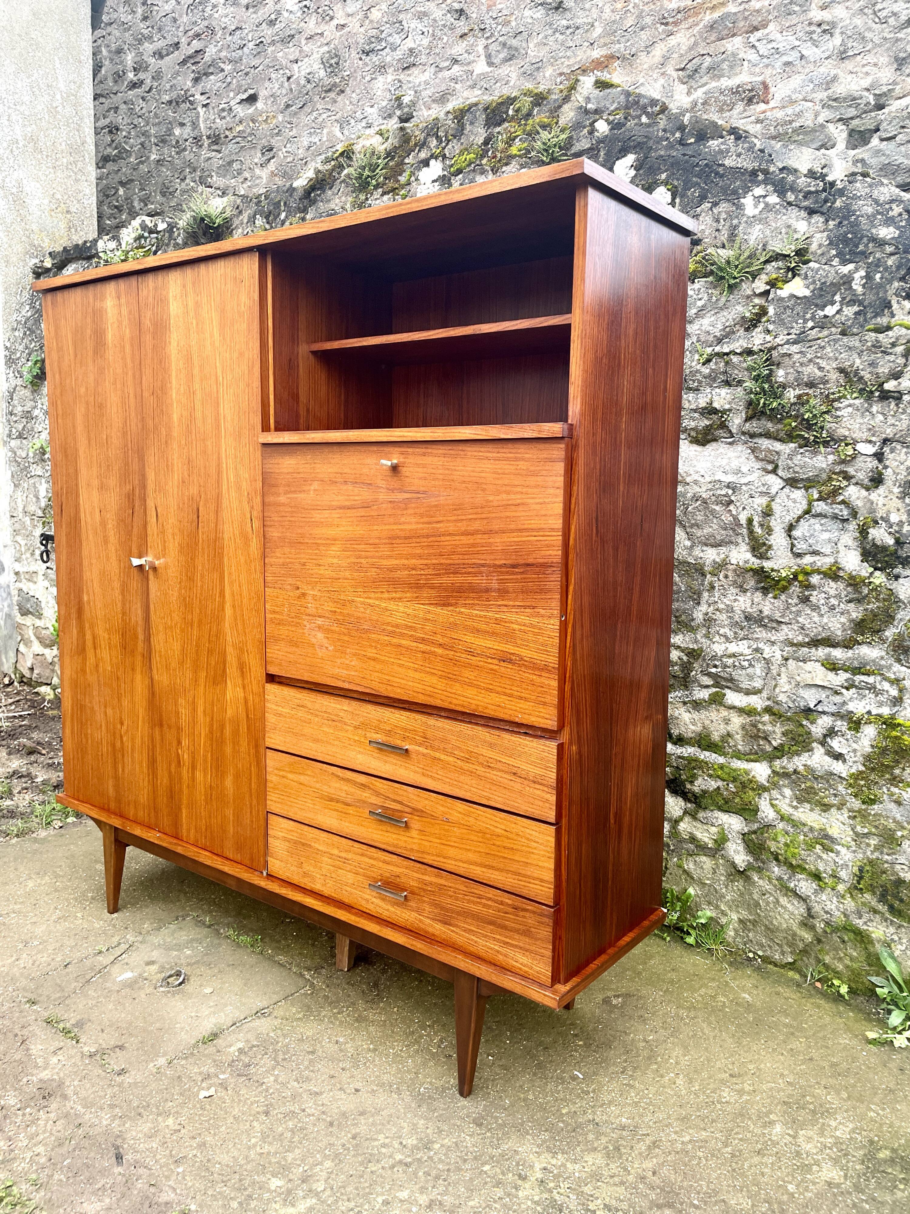 Meuble secrétaire armoire penderie 1950 placage teck
