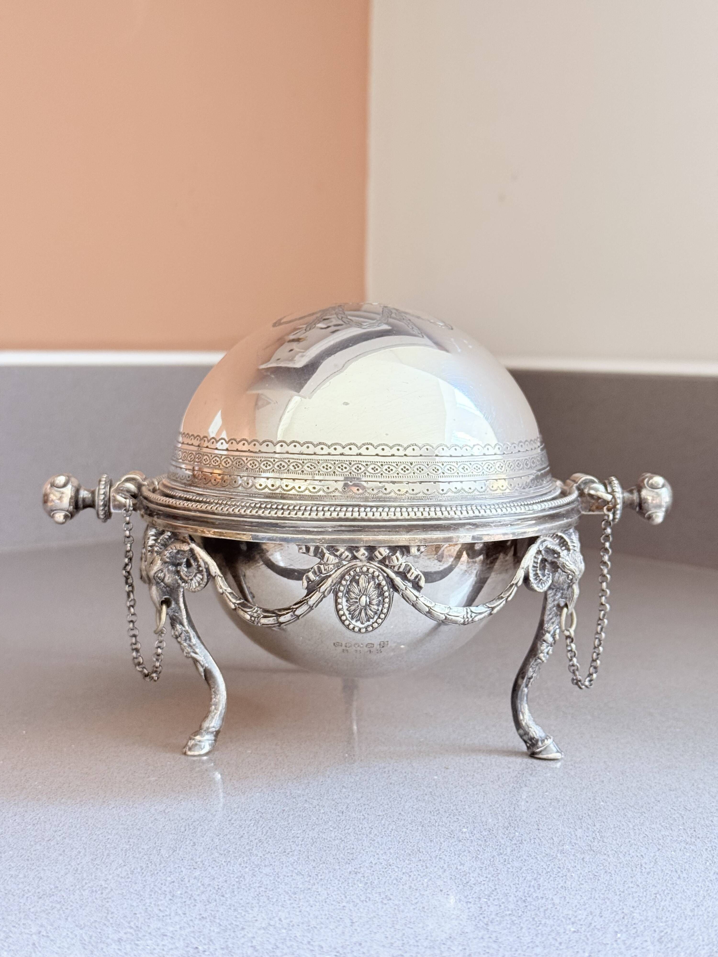 Antique English Silver-Plated Roll-Top Caviar Dish with Ram’s-Head Decoration