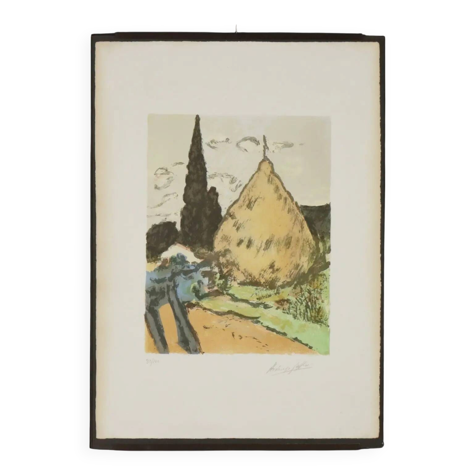 Modern lithograph signed Ardengo Soffici Haystack and Cypress 1962