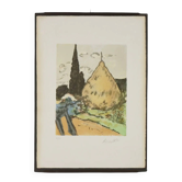 Modern lithograph signed Ardengo Soffici Haystack and Cypress 1962