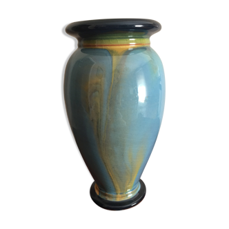 Vase en verre bleu marbré jaune