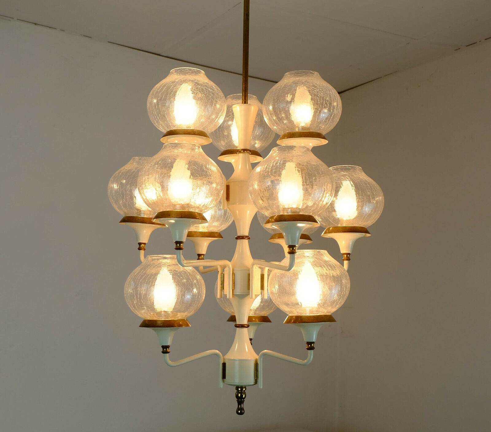 1960s mid century chandelier brass 12 crackle glass shades