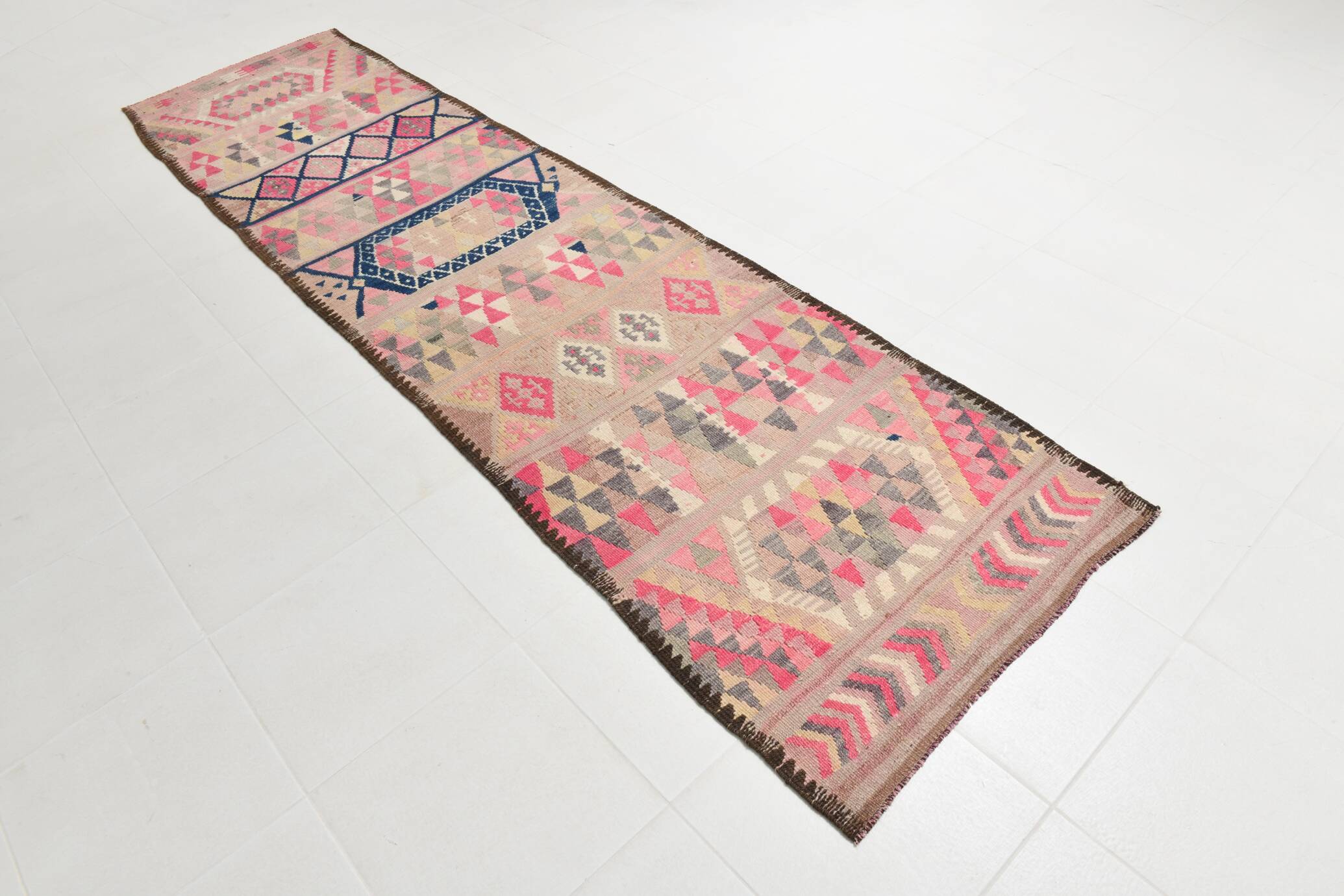 Pink & Navy Blue. Turkish Runner Rug, 90x350Cm
