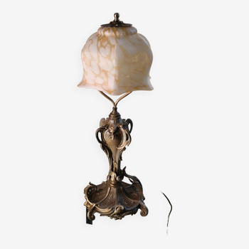 Lampe 1900 art nouveau en regule patine bronze abat jour pate de verre clichy 60x22