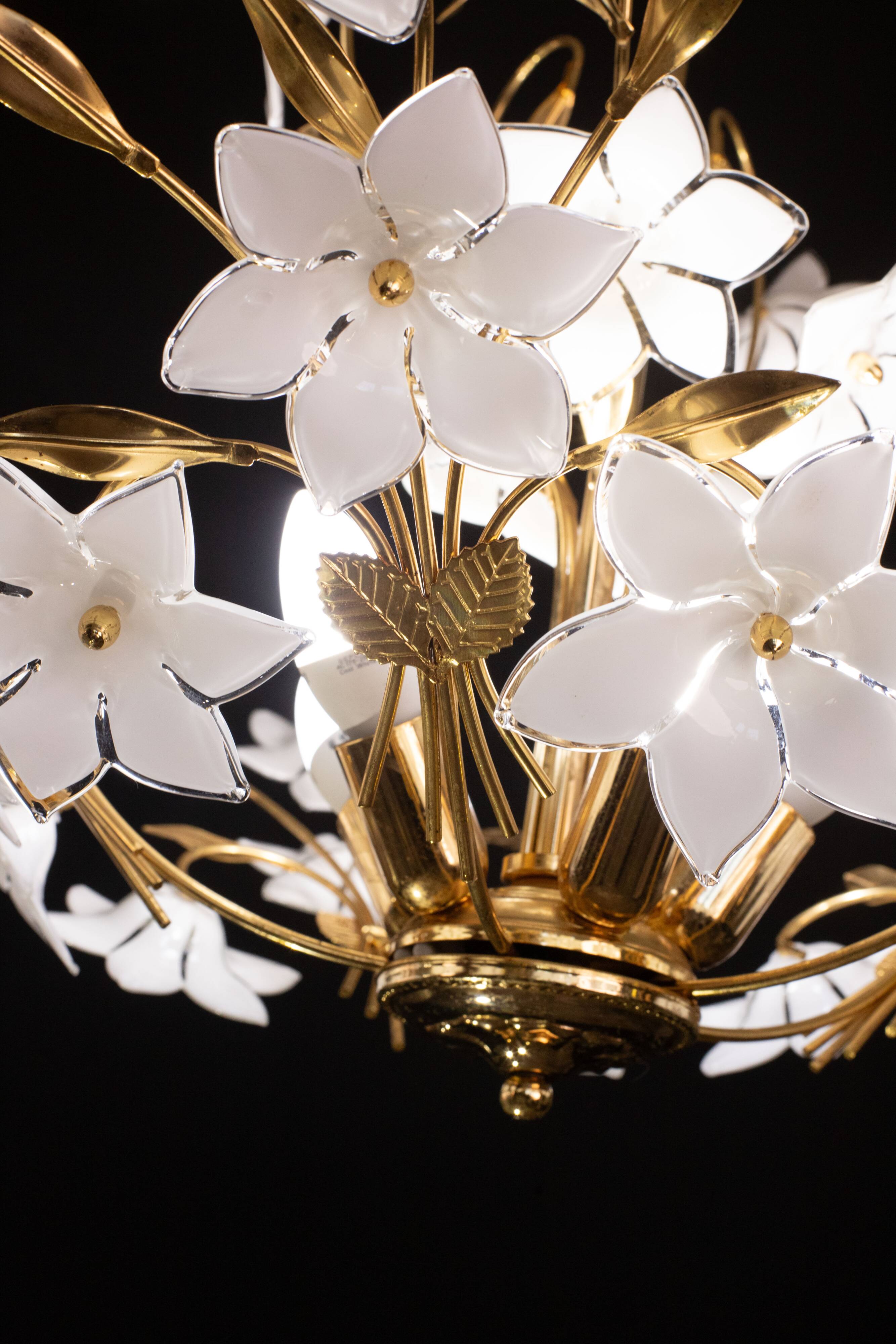 Vintage Murano Glass Chandelier White Flowers, 1970