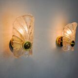 Pair of frosted leaf sconces, murano glass, italy, 1970
