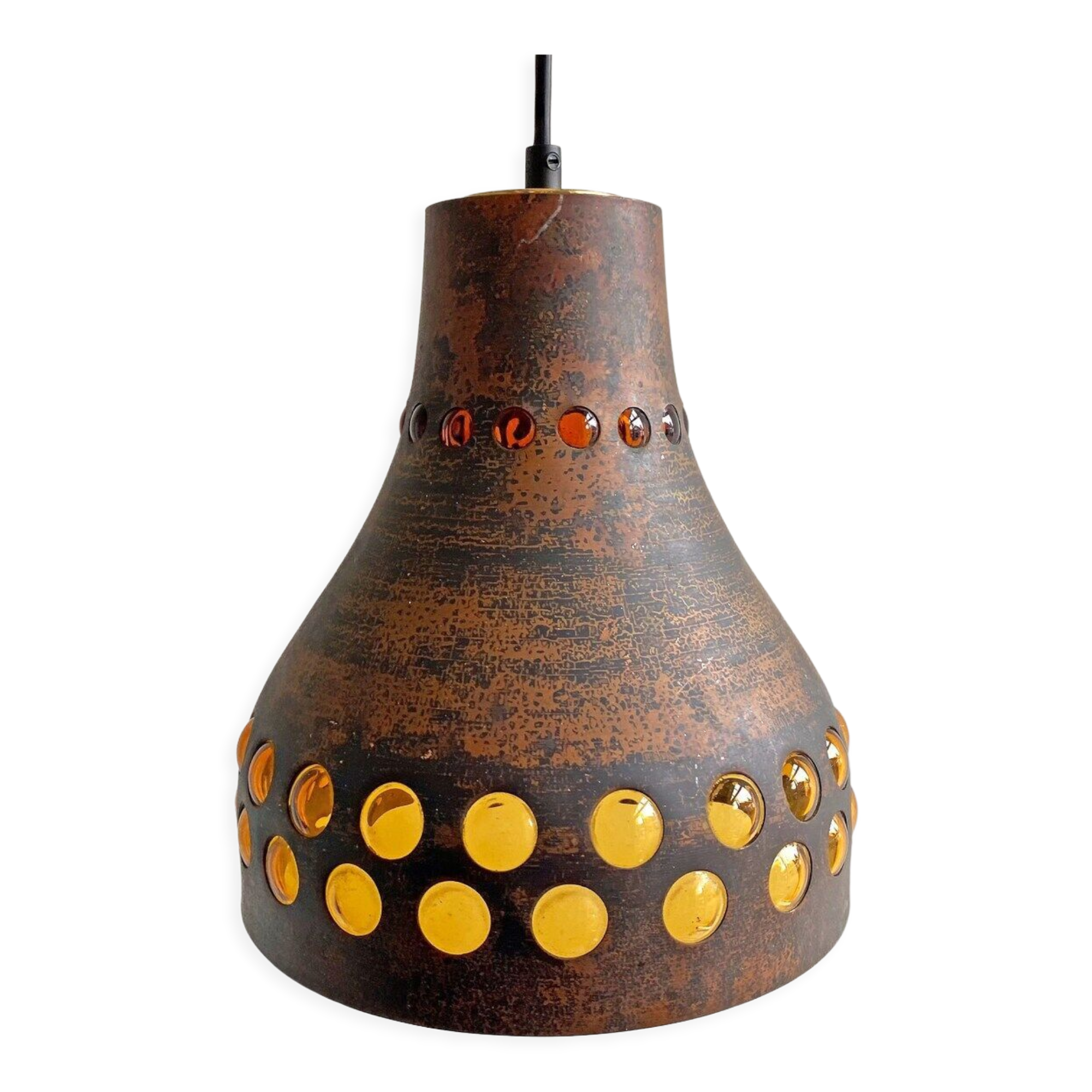 Mid Century caged glass & copper hanging lamp / pendant