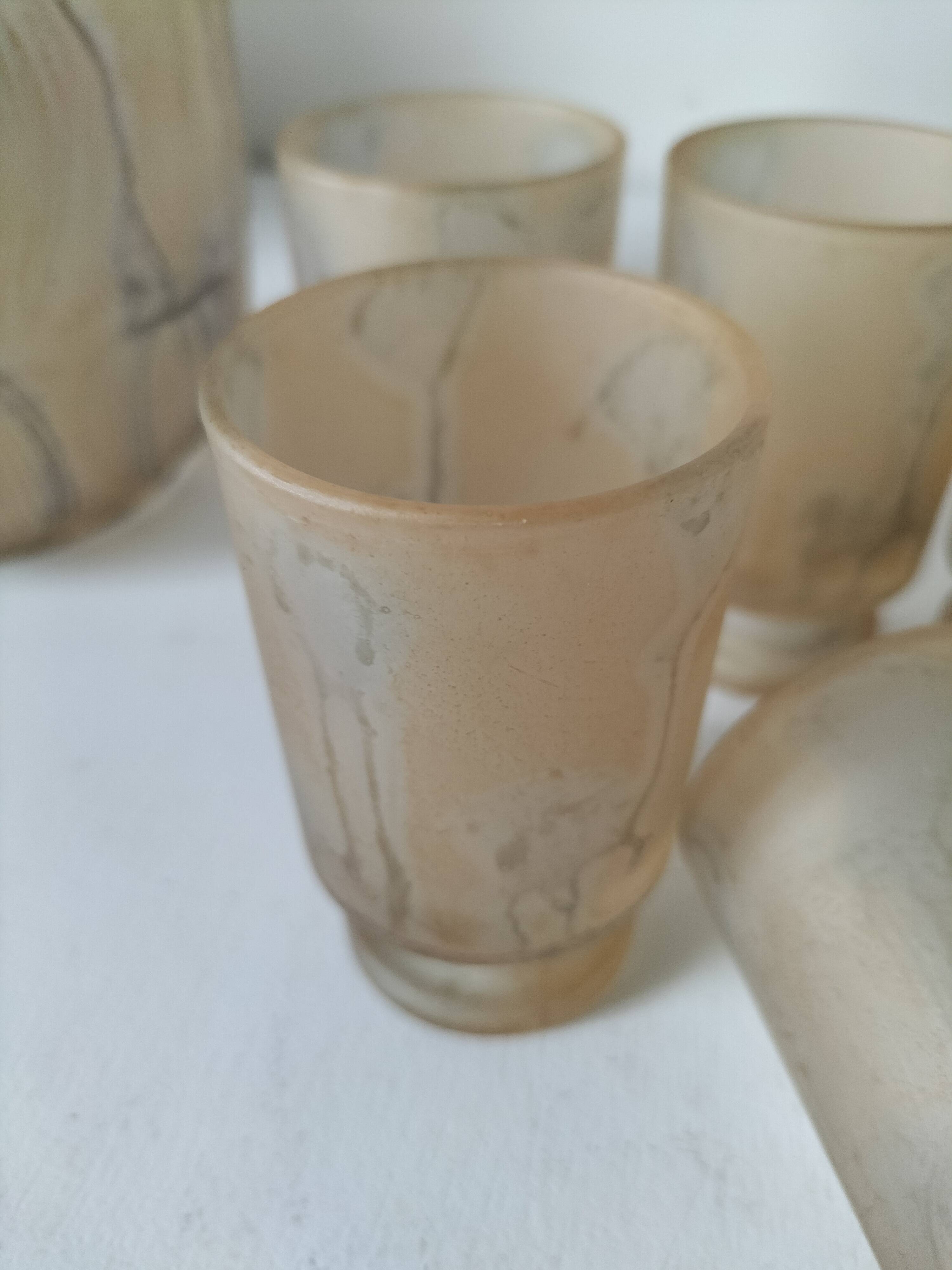 Frosted glass carafe and 6 stemmed glasses set