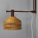 Adjustable mid-century wooden wall lamp with rattan shade, 1970s