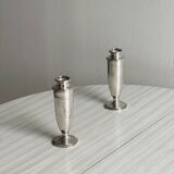 Pair of single-flower vases in patinated silver metal