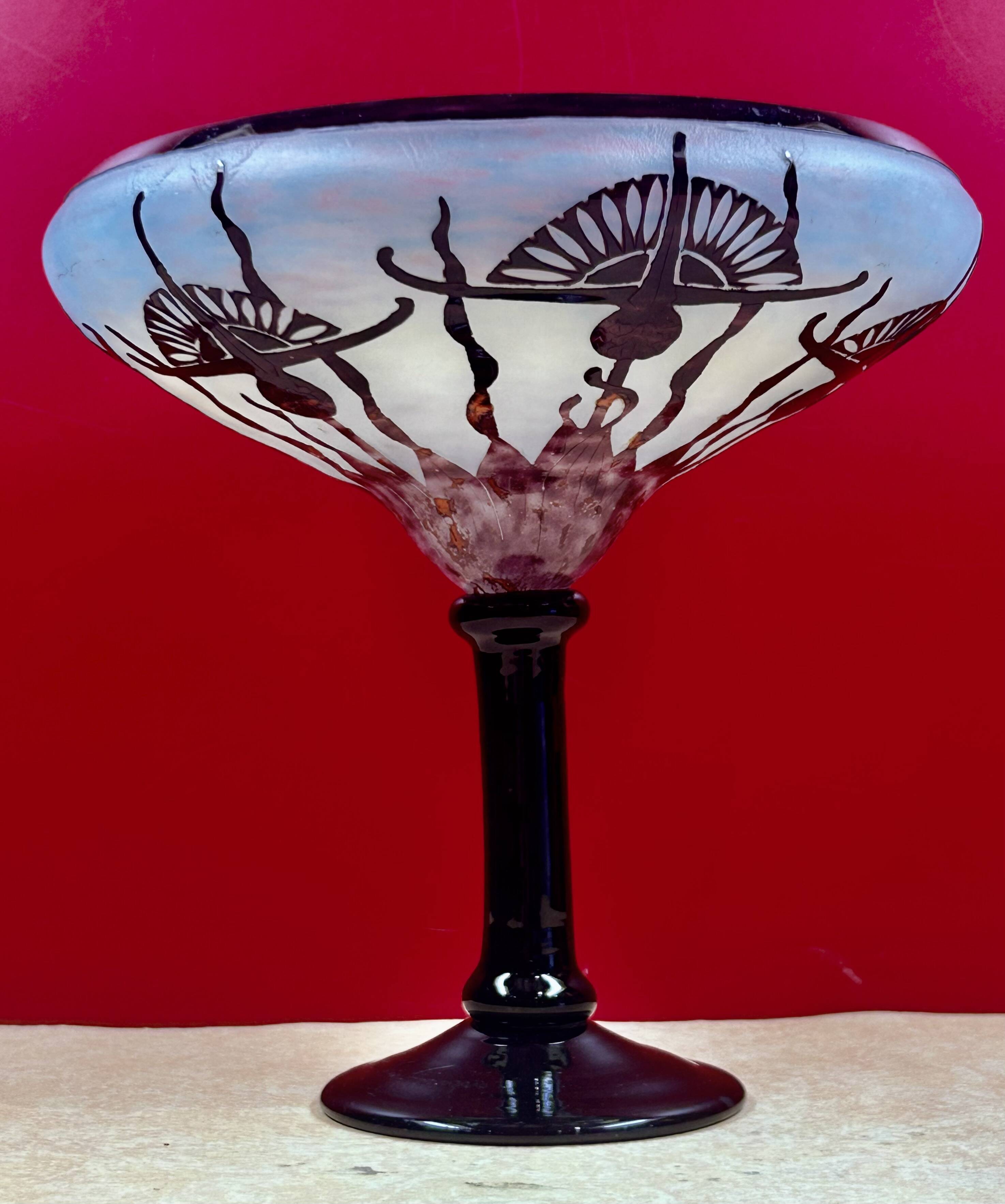 Large plant bowl vase of Thistles Signed Le Verre Français Art Nouveau 192