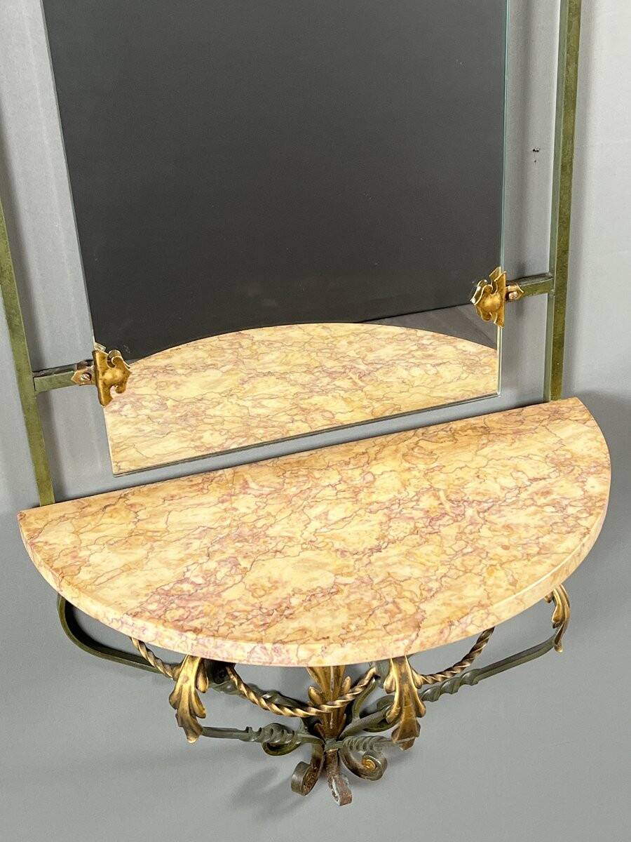 Wall console with mirror, wrought iron and marble, 20th century