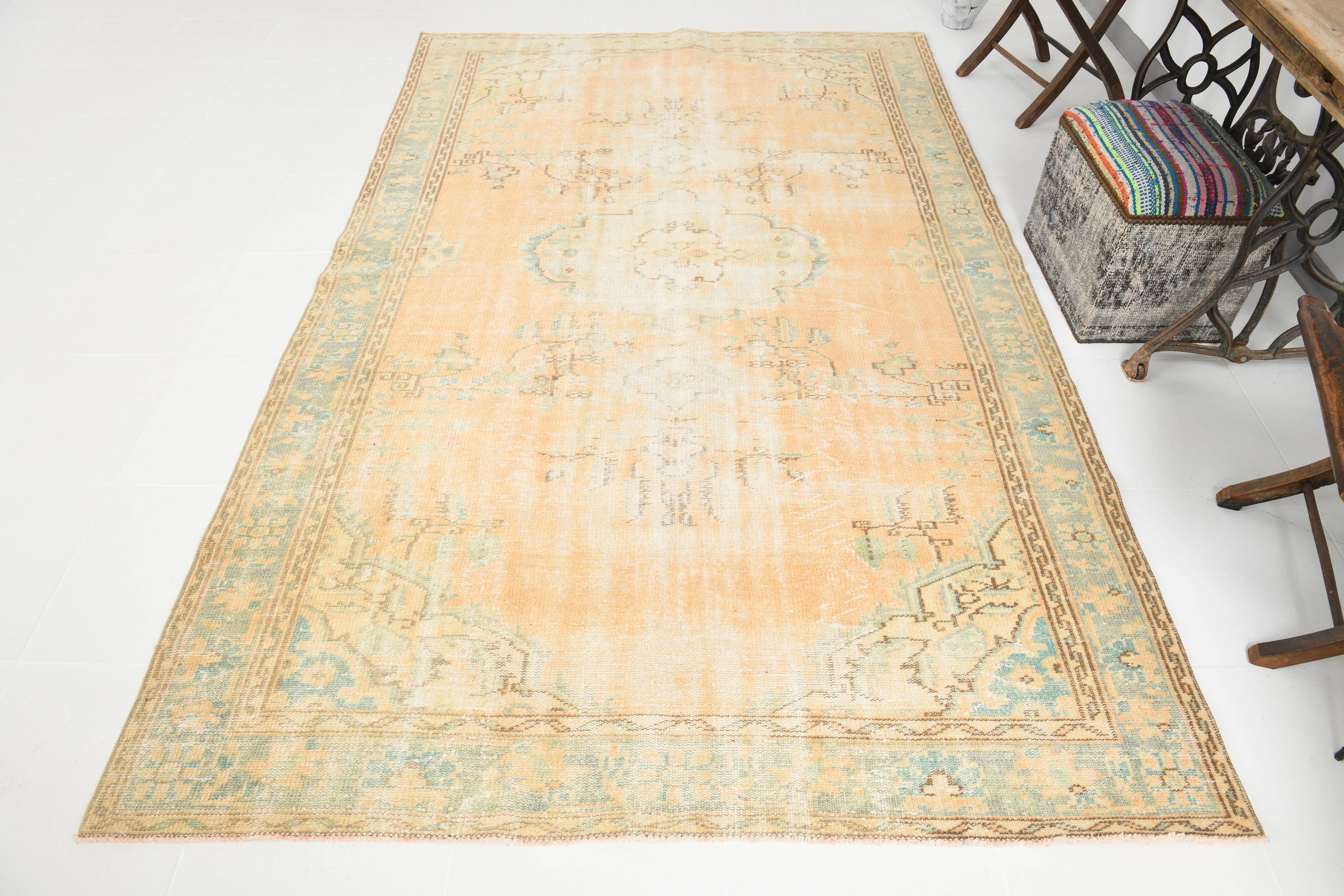 Orange vintage turkish rug, 6x9 feet vintage pastel orange carpet